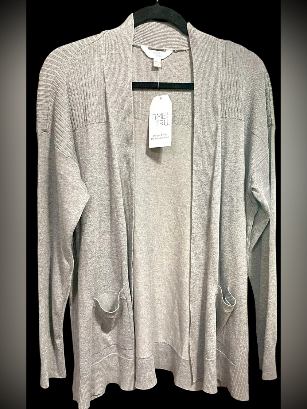 New women’s Time and Tru gray knit open front cardigan with pockets
